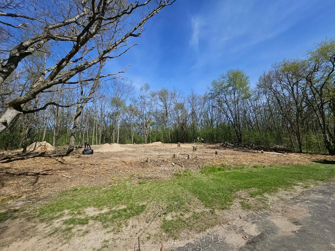 Cleared land and tree line under a blue sky