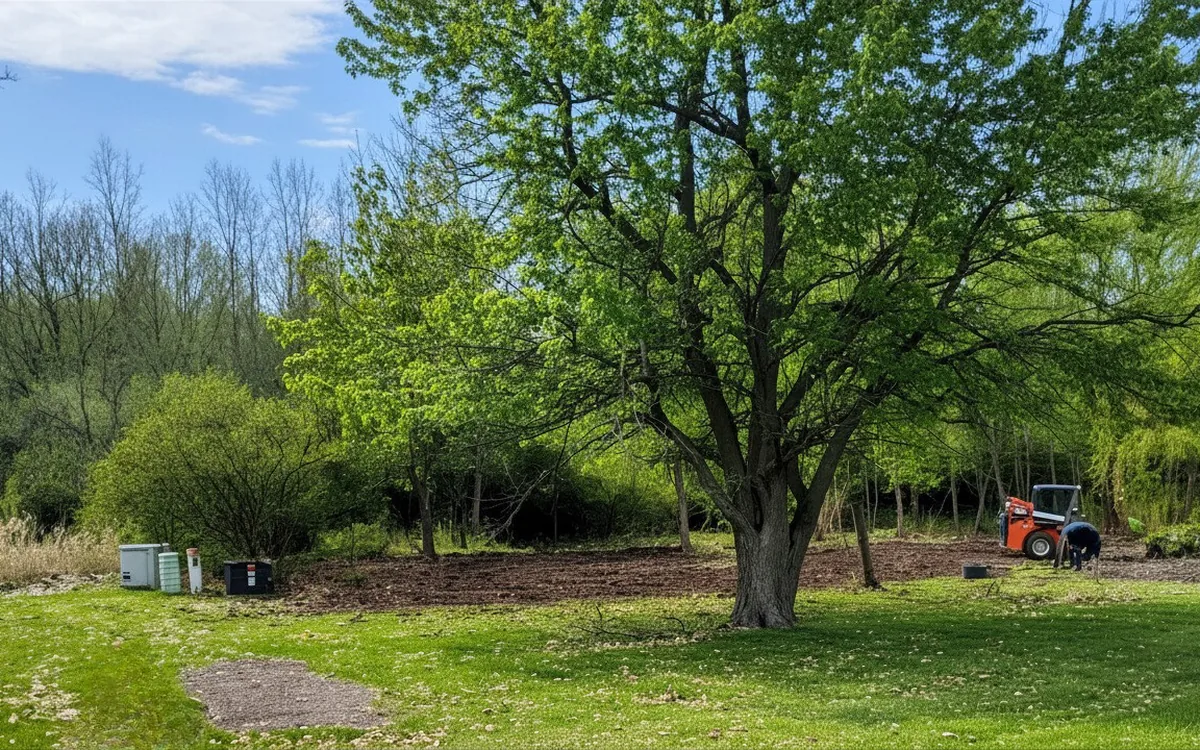 Skid steer working the ground beside a mature tree on a residential lawn